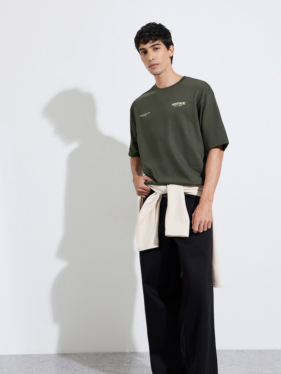 Olive Green Slogan Print Crew Neck Oversized T-Shirt