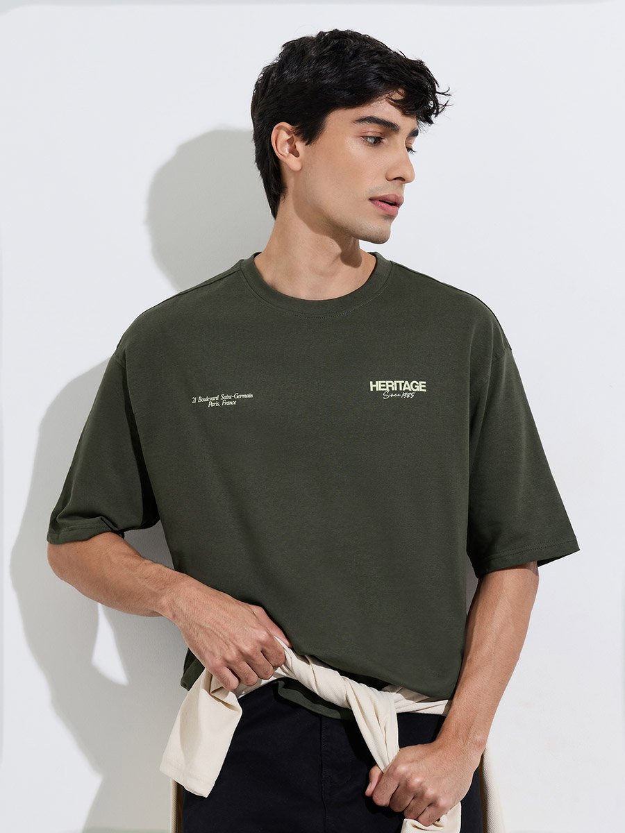 Olive Green Slogan Print Crew Neck Oversized T-Shirt