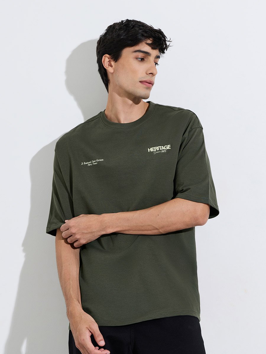 Olive Green Slogan Print Crew Neck Oversized T-Shirt