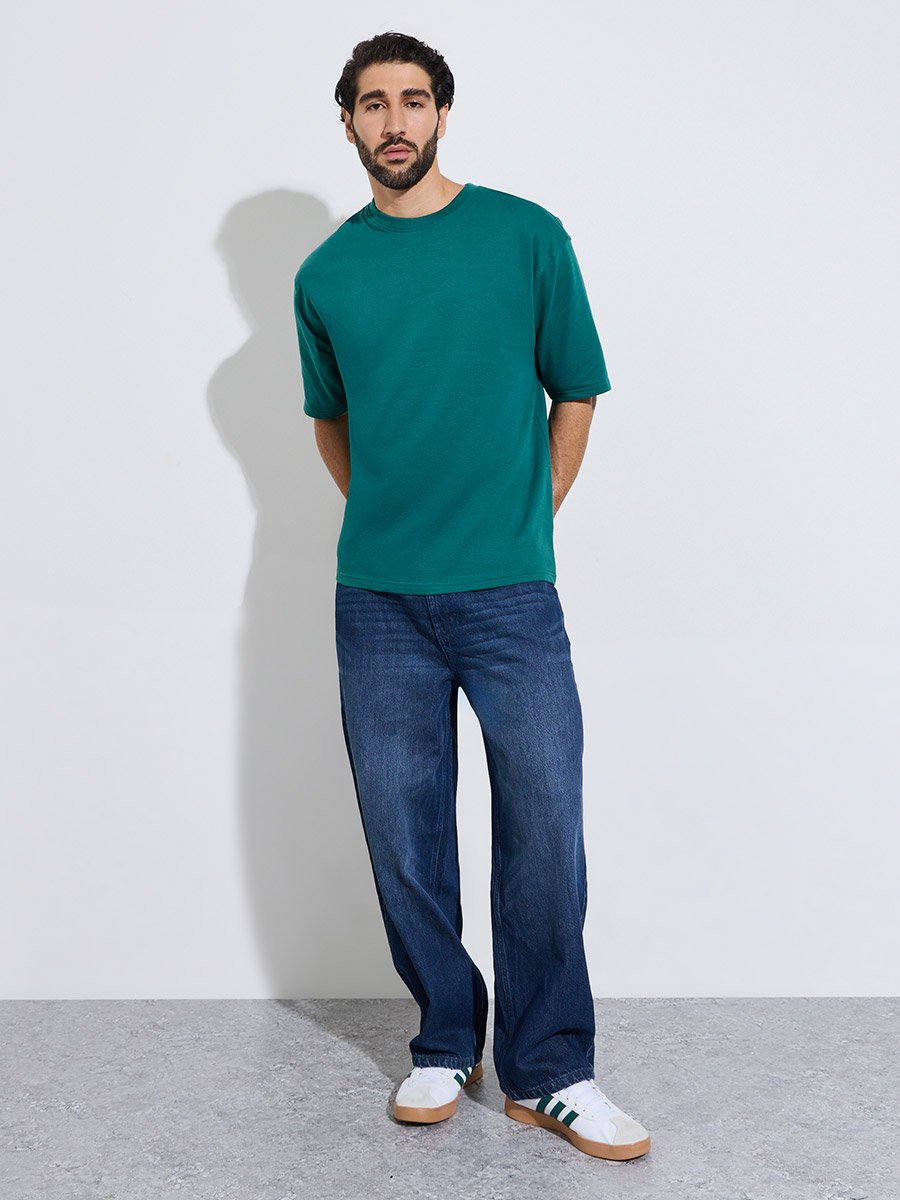 Men Green Oversized Screen Print Cotton Terry T-Shirt