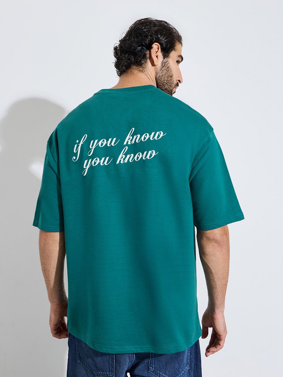 Men Green Oversized Screen Print Cotton Terry T-Shirt