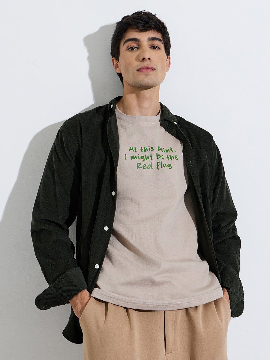 Beige Slogan Print Crew Neck Oversized T-Shirt