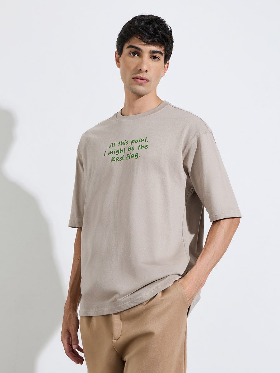 Beige Slogan Print Crew Neck Oversized T-Shirt