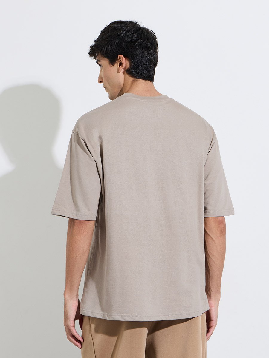 Beige Slogan Print Crew Neck Oversized T-Shirt