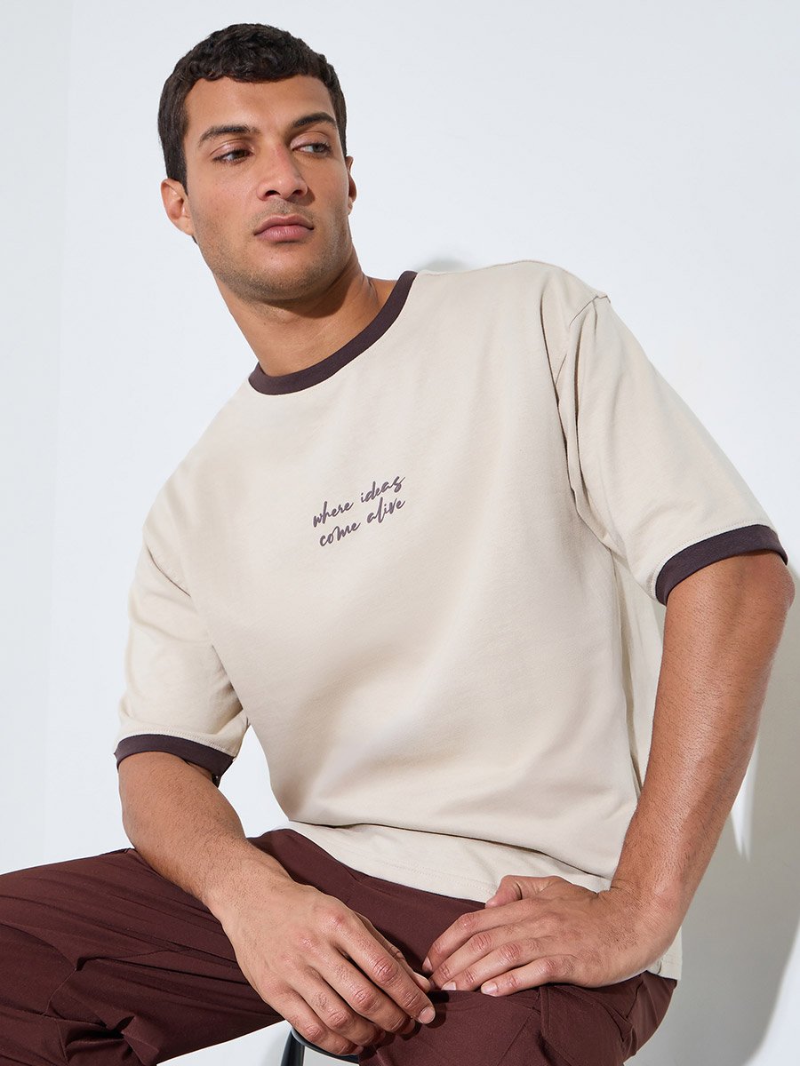 Beige Slogan Print Contrast Trims Oversized T-Shirt