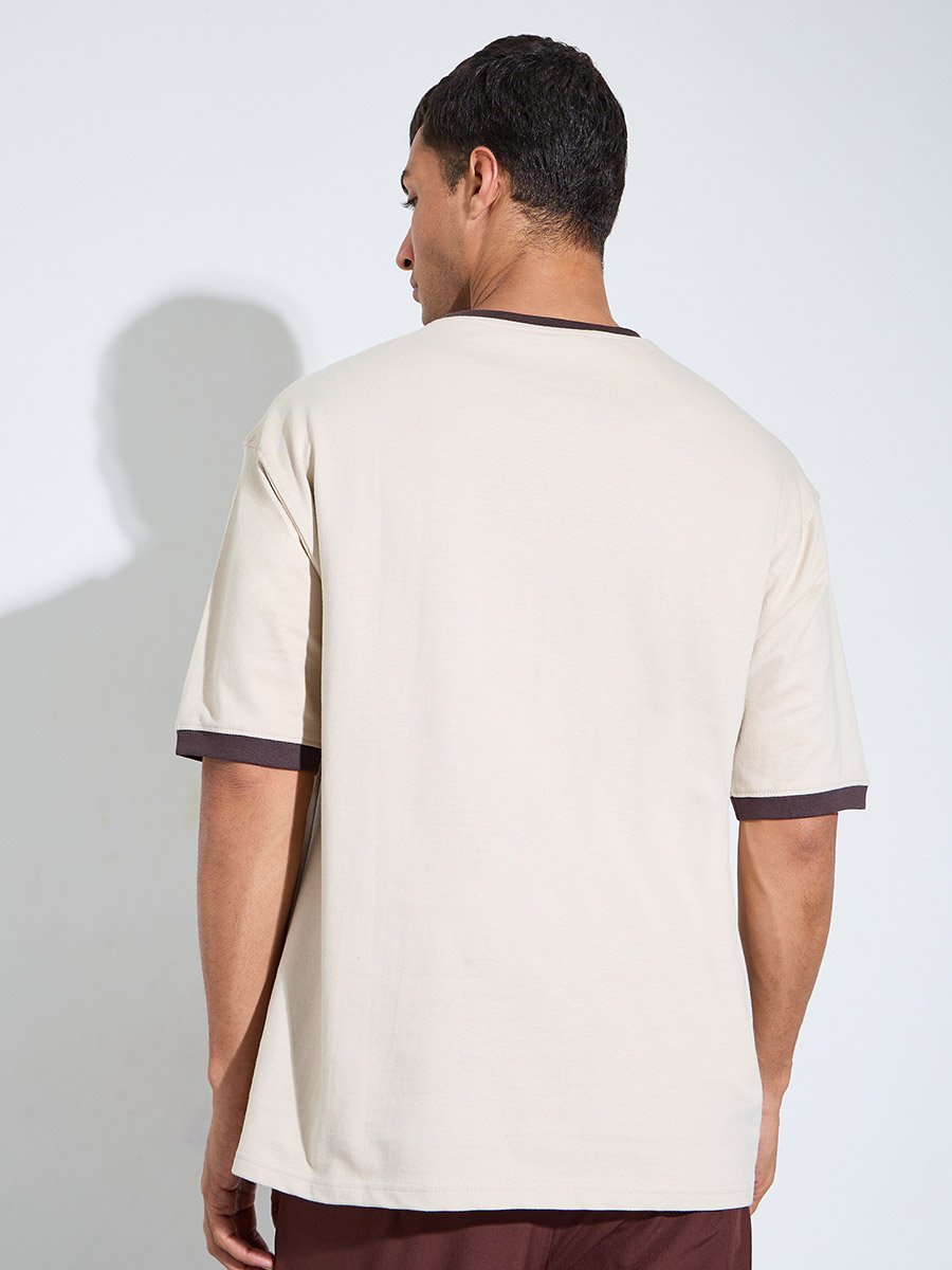 Beige Slogan Print Contrast Trims Oversized T-Shirt