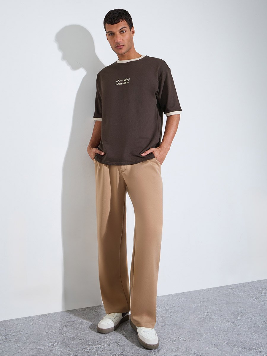 Brown Slogan Print Contrast Trims Oversized T-Shirt