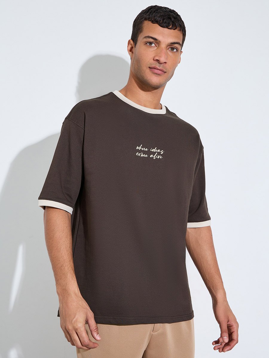 Brown Slogan Print Contrast Trims Oversized T-Shirt