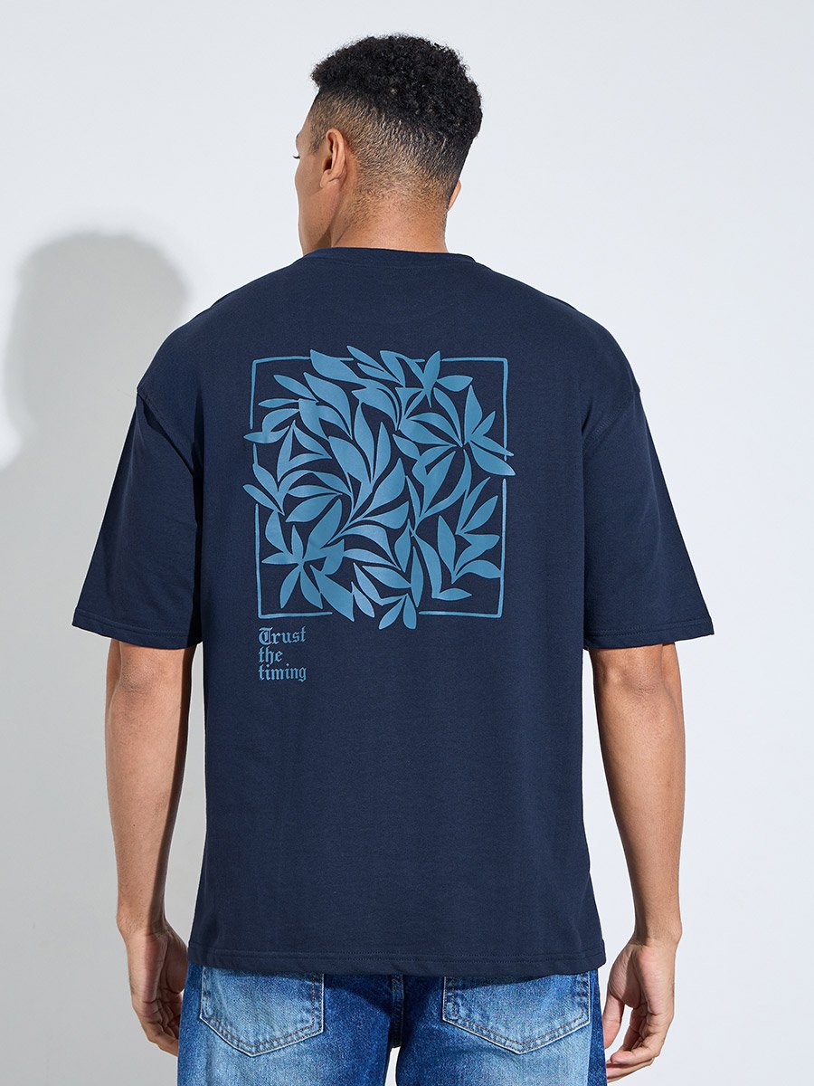 Navy Blue Graphic Print Oversized T-Shirt