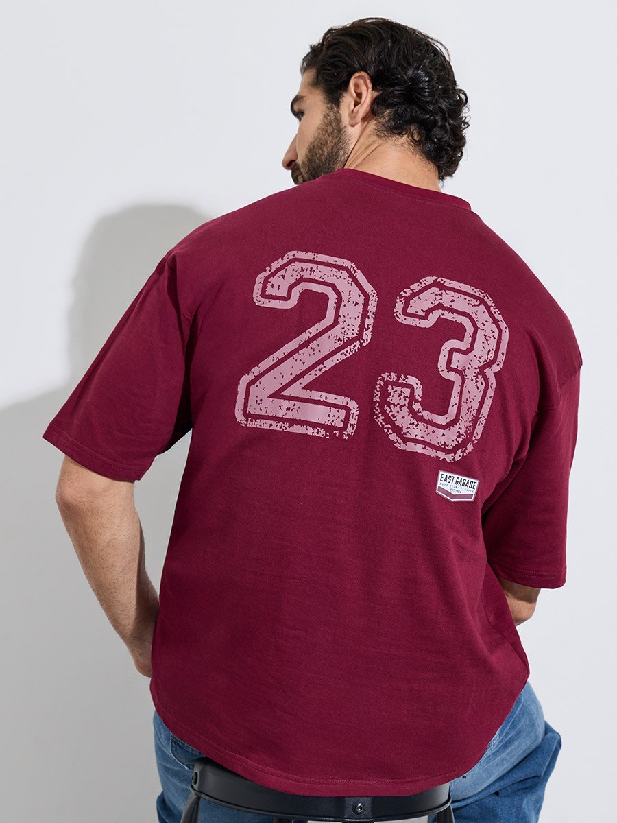 Men Maroon Oversized Back Screen Print Cotton Terry T-Shirt