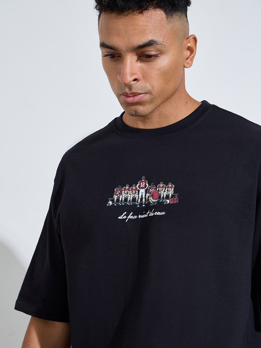 Black Chest Embroidered Crew Neck Oversized T-Shirt
