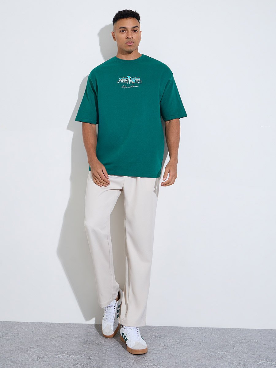 Green Chest Embroidered Crew Neck Oversized T-Shirt