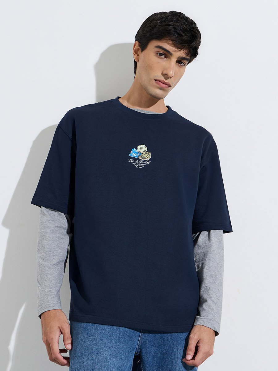 Navy Blue Front and Back Print Crew Neck Oversized T-Shirt