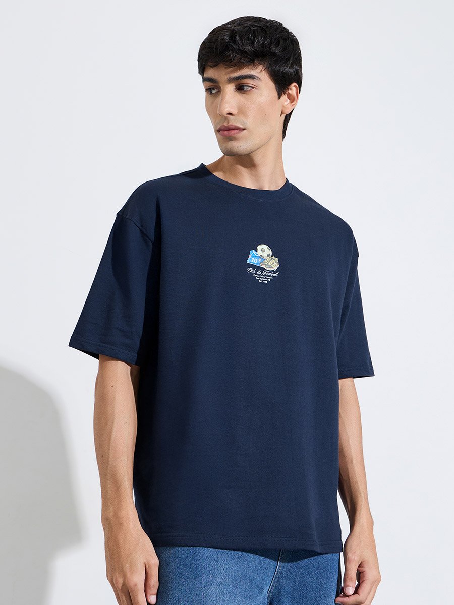 Navy Blue Front and Back Print Crew Neck Oversized T-Shirt