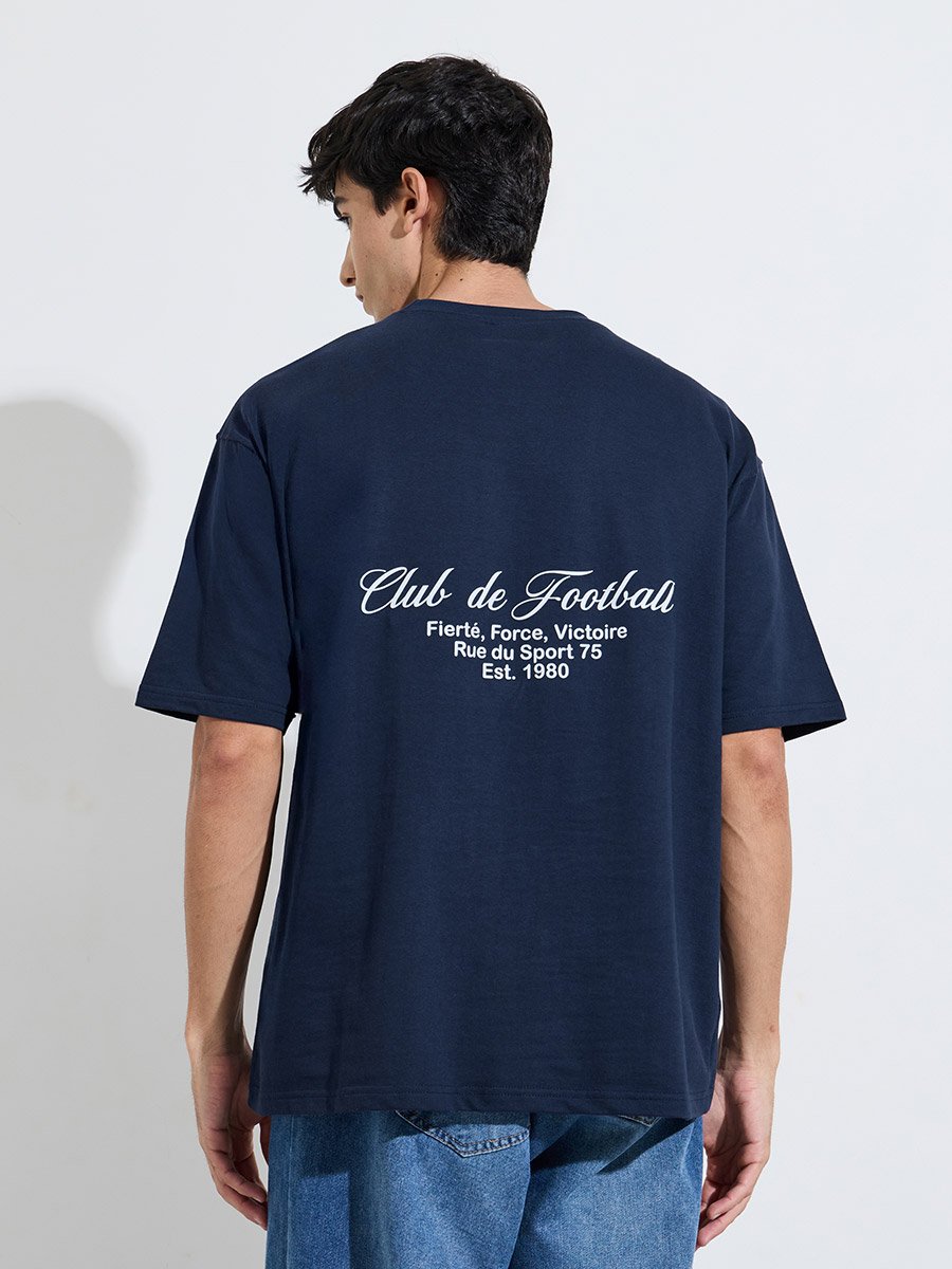 Navy Blue Front and Back Print Crew Neck Oversized T-Shirt