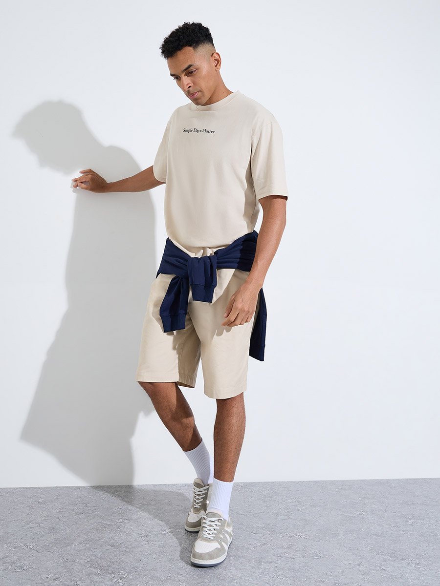 Beige Slogan Print Crew Neck Oversized T-Shirt