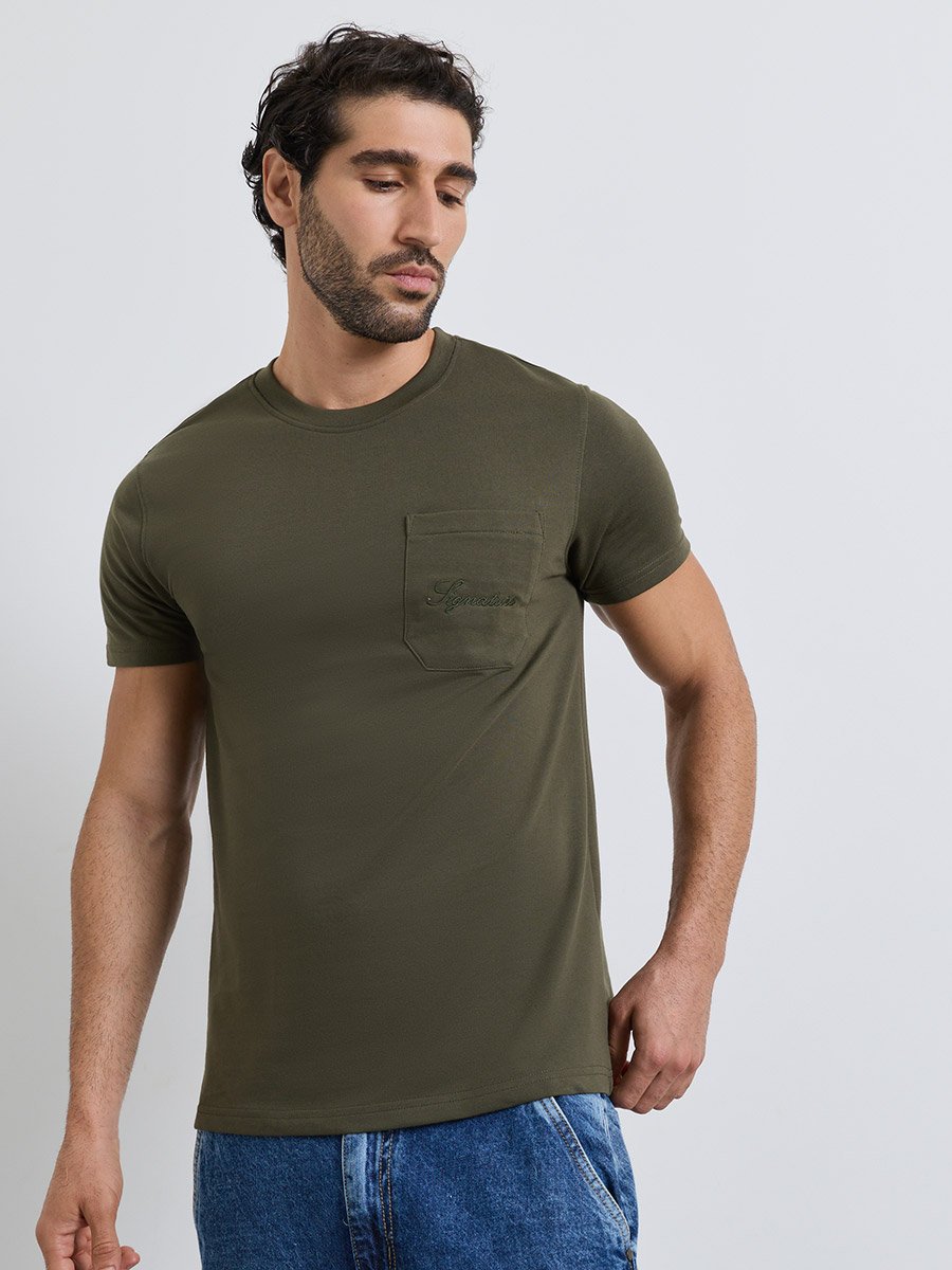 Men Olive Regular Fit Cotton Rich Terry T-Shirt