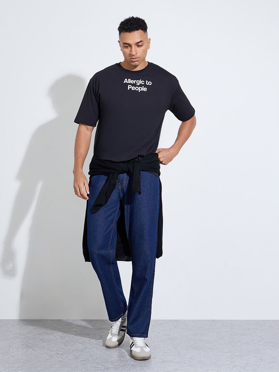 Black Slogan print Crew neck Oversized T-Shirt