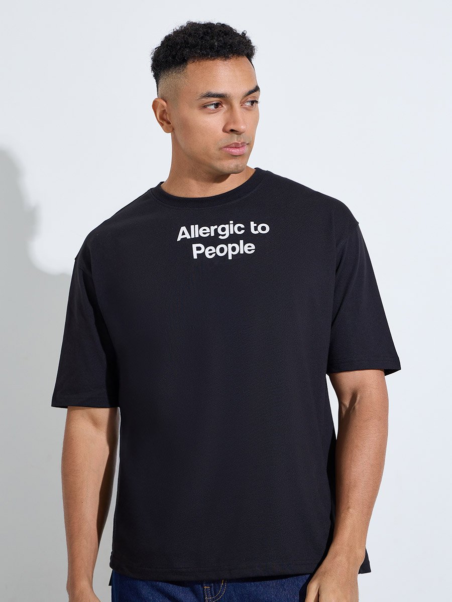 Black Slogan print Crew neck Oversized T-Shirt