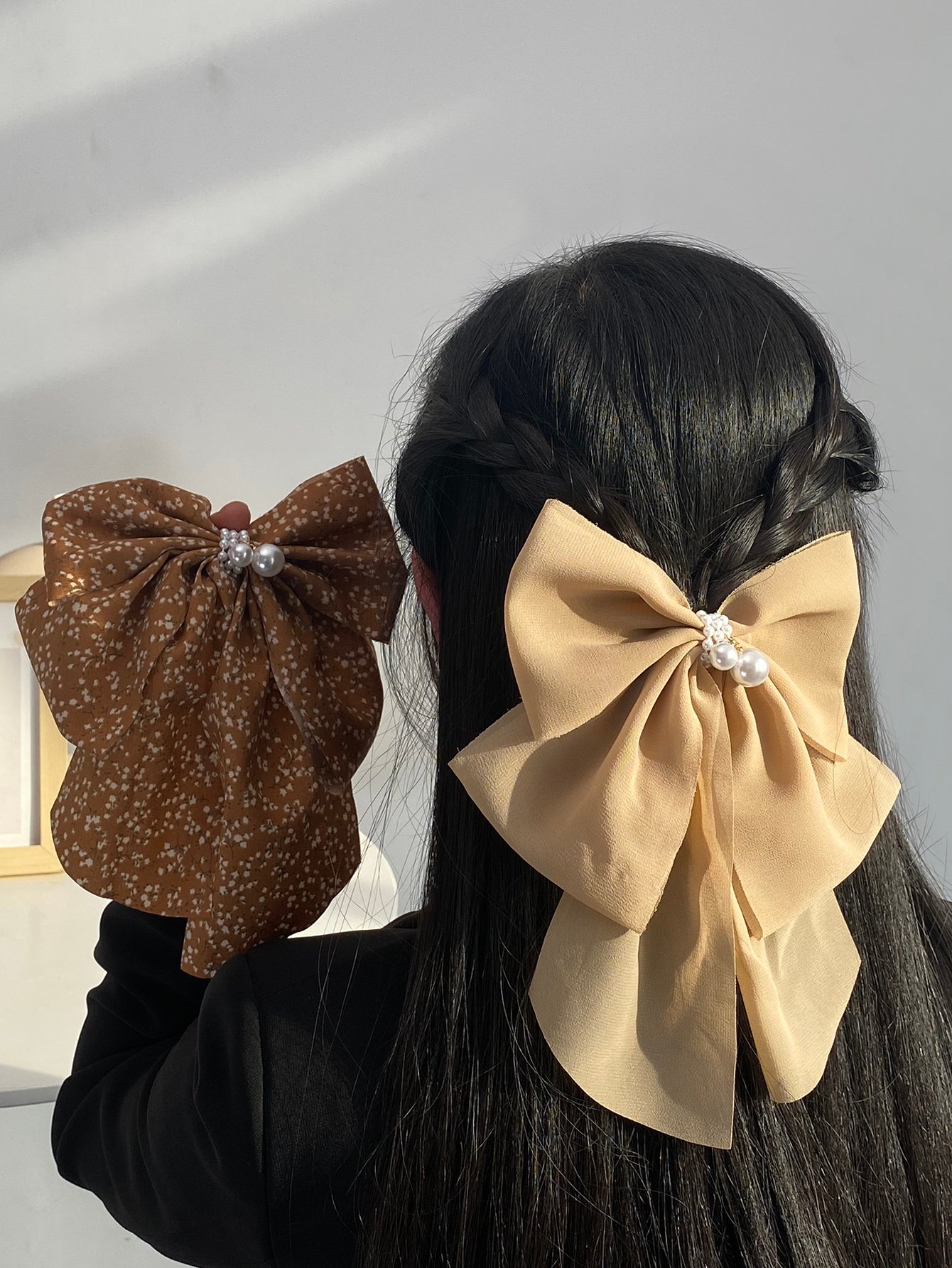 Set of 2 - Bow Hair Clips with Pearl Accent