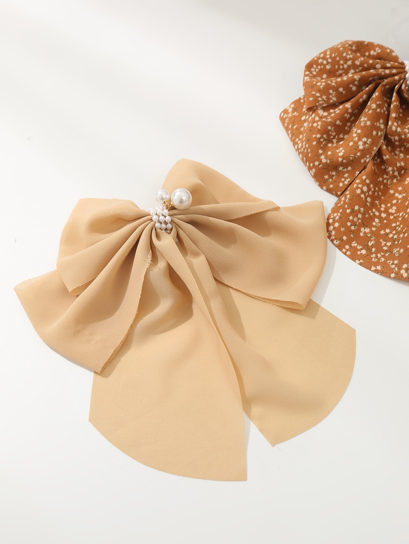 Set of 2 - Bow Hair Clips with Pearl Accent