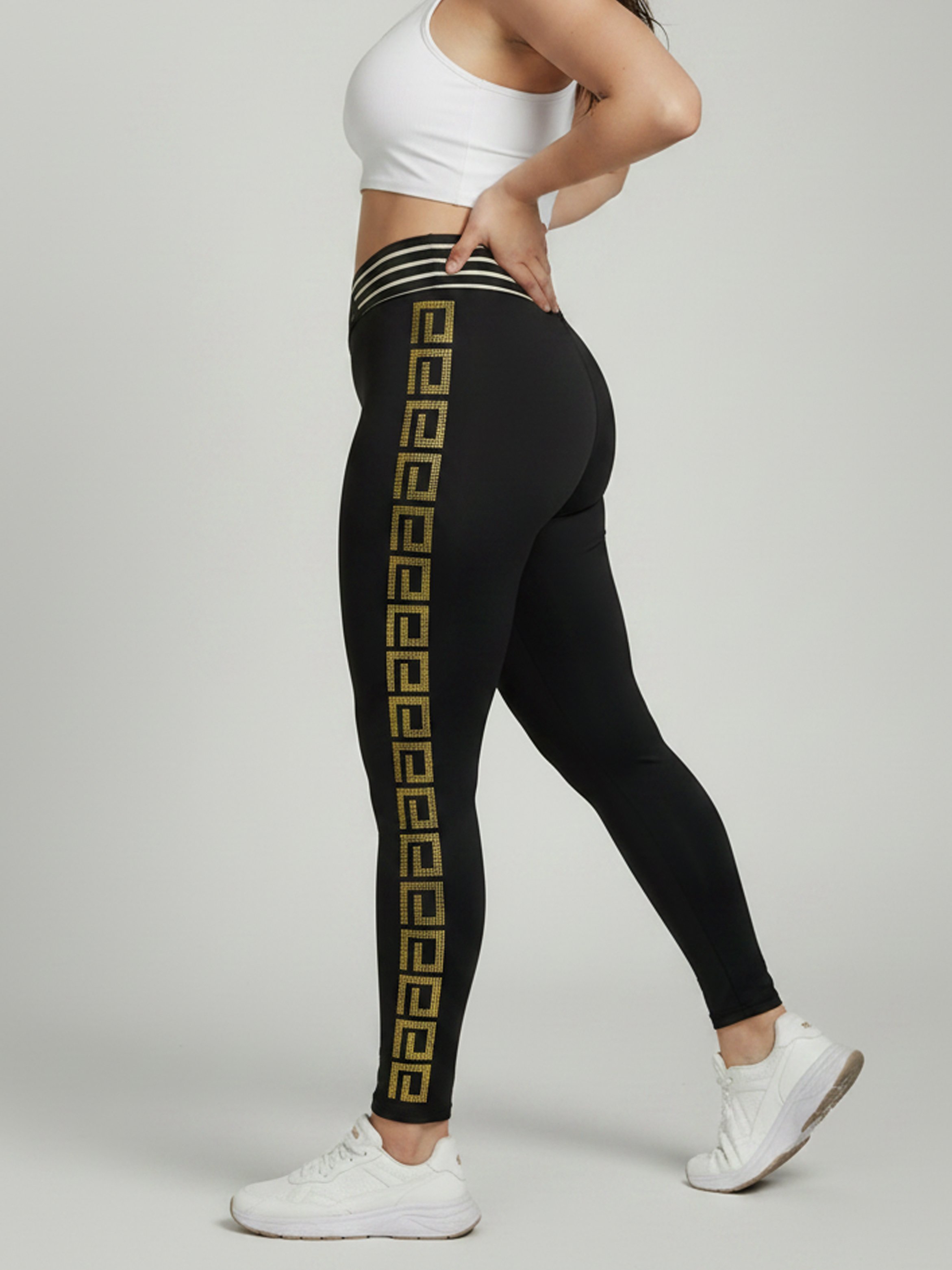 Plus Size Black High Waist Leggings with Gold Greek Rhinestone Embellishments