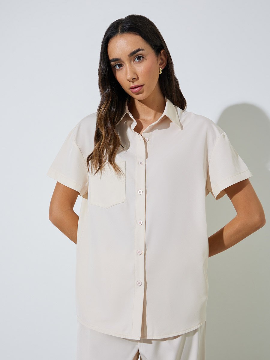 Cream Solid Shirt and Straight Pants Co-ord Set