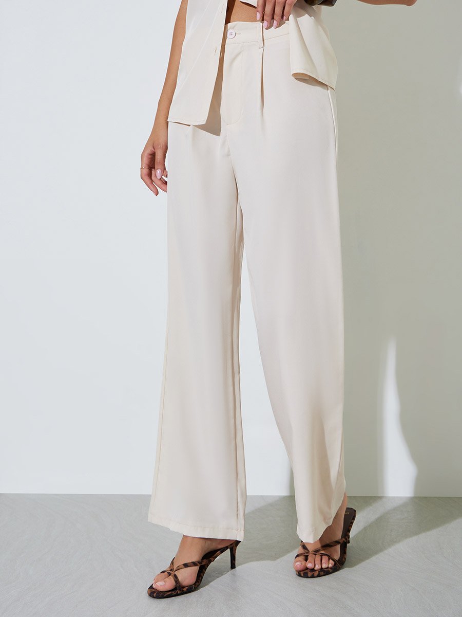 Cream Solid Shirt and Straight Pants Co-ord Set