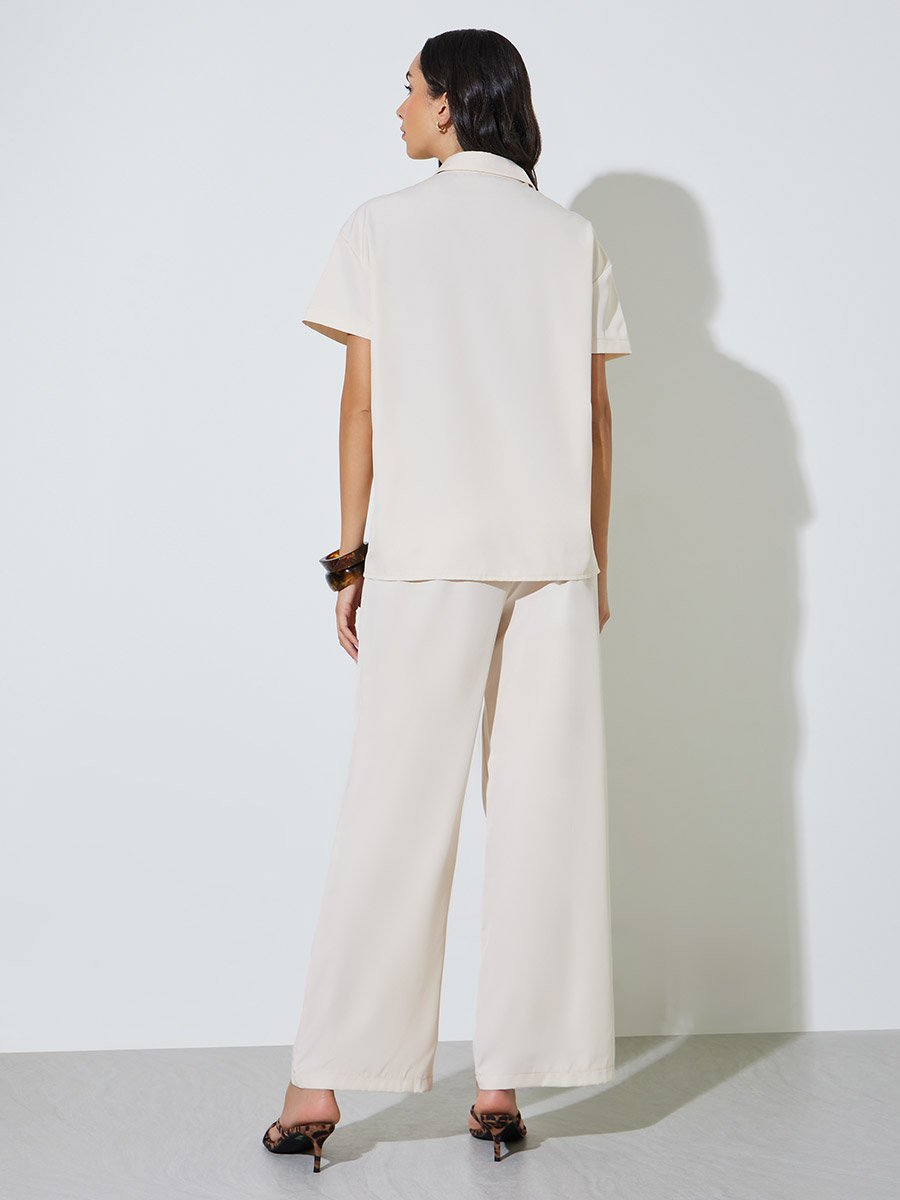 Cream Solid Shirt and Straight Pants Co-ord Set