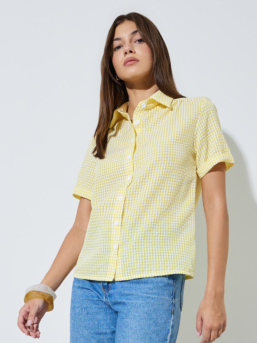 Yellow Checked Short Sleeves Regular Shirt