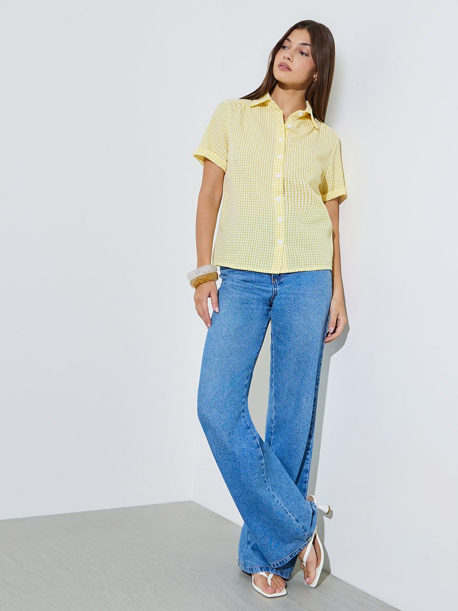 Yellow Checked Short Sleeves Regular Shirt