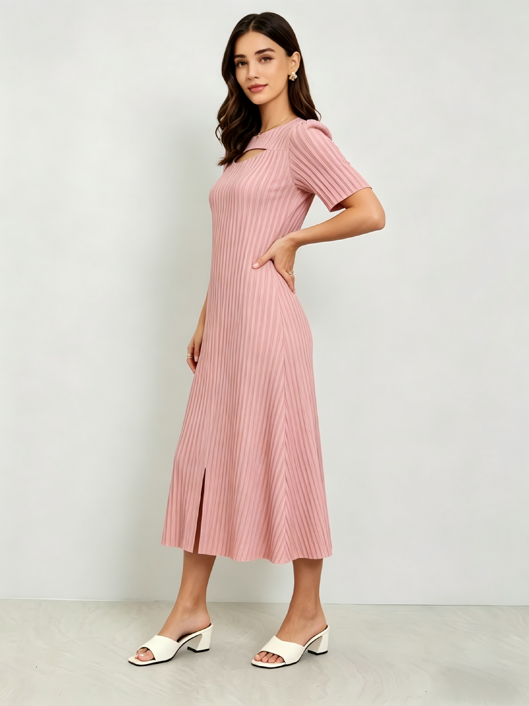Pink Short Sleeves Pleated A-Line Midi Dress