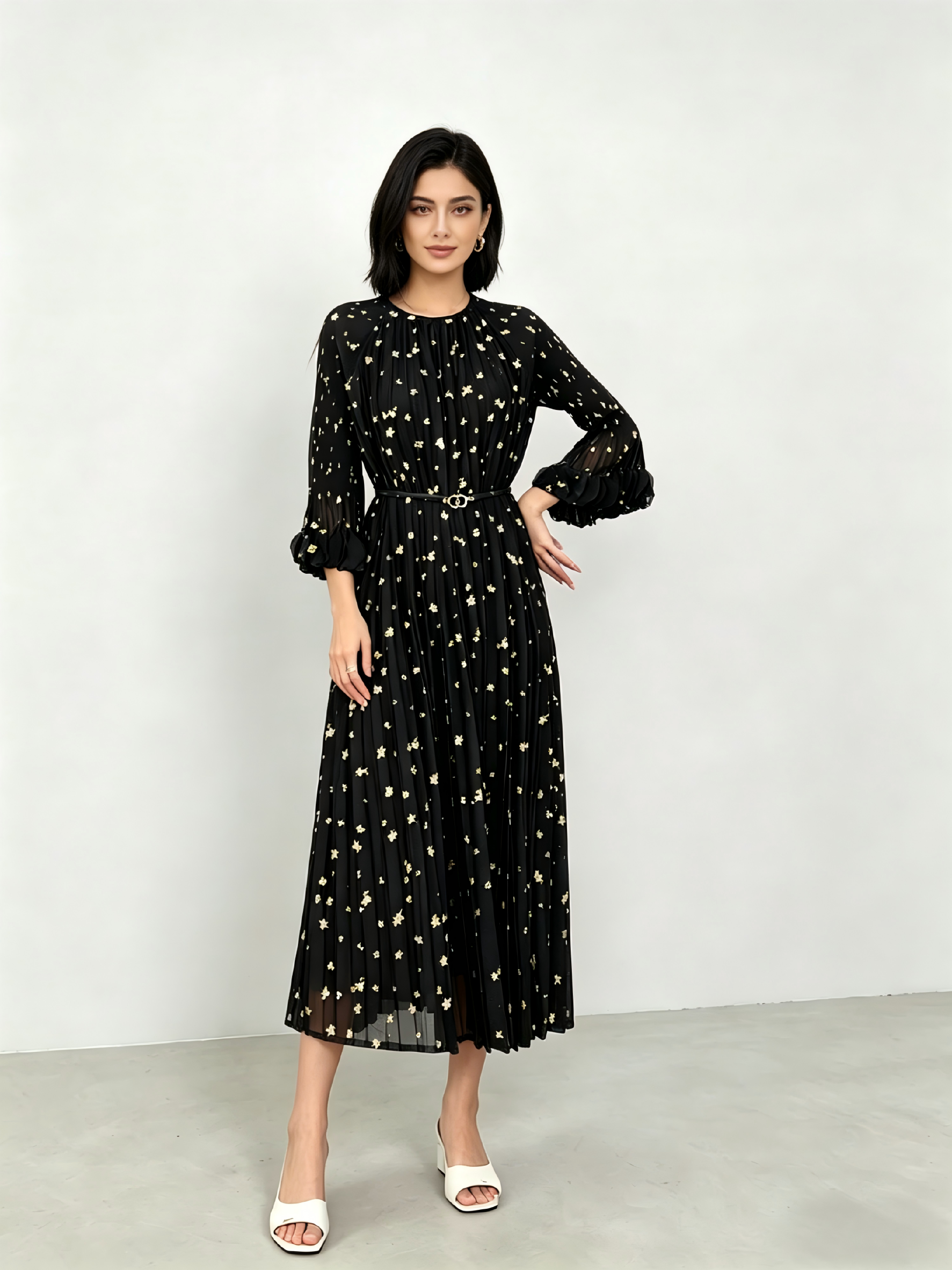 Black Sequin Embellished Pleated A-Line Midi Dress