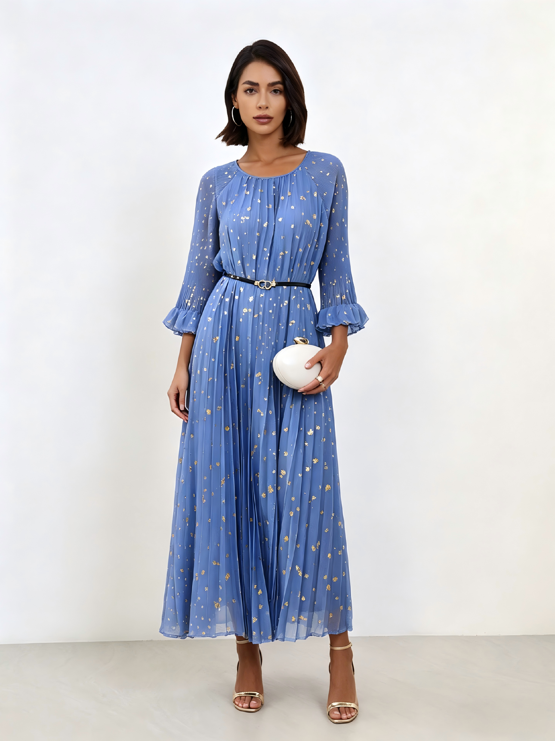 Blue Sequin Embellished Pleated A-Line Midi Dress