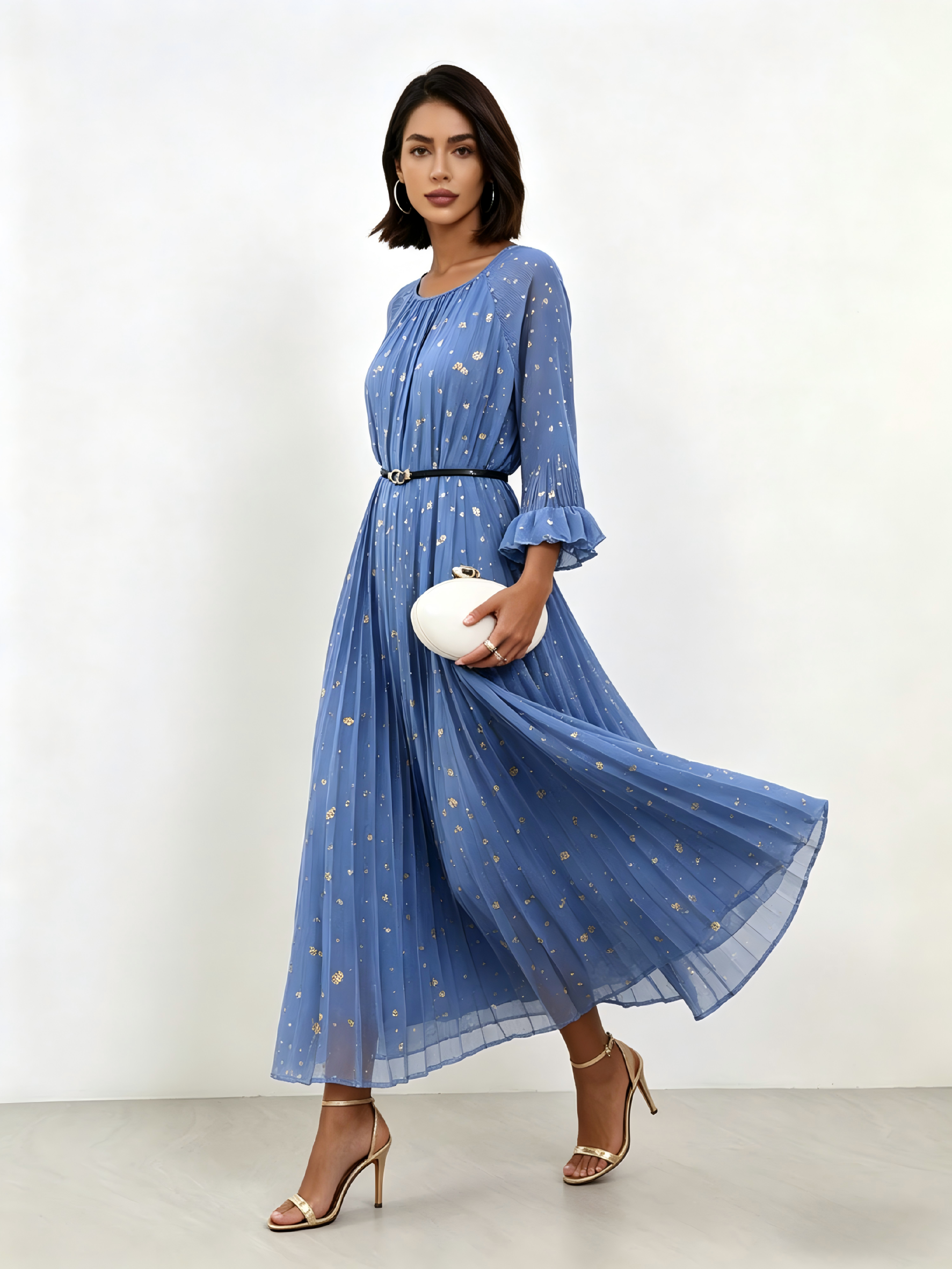 Blue Sequin Embellished Pleated A-Line Midi Dress