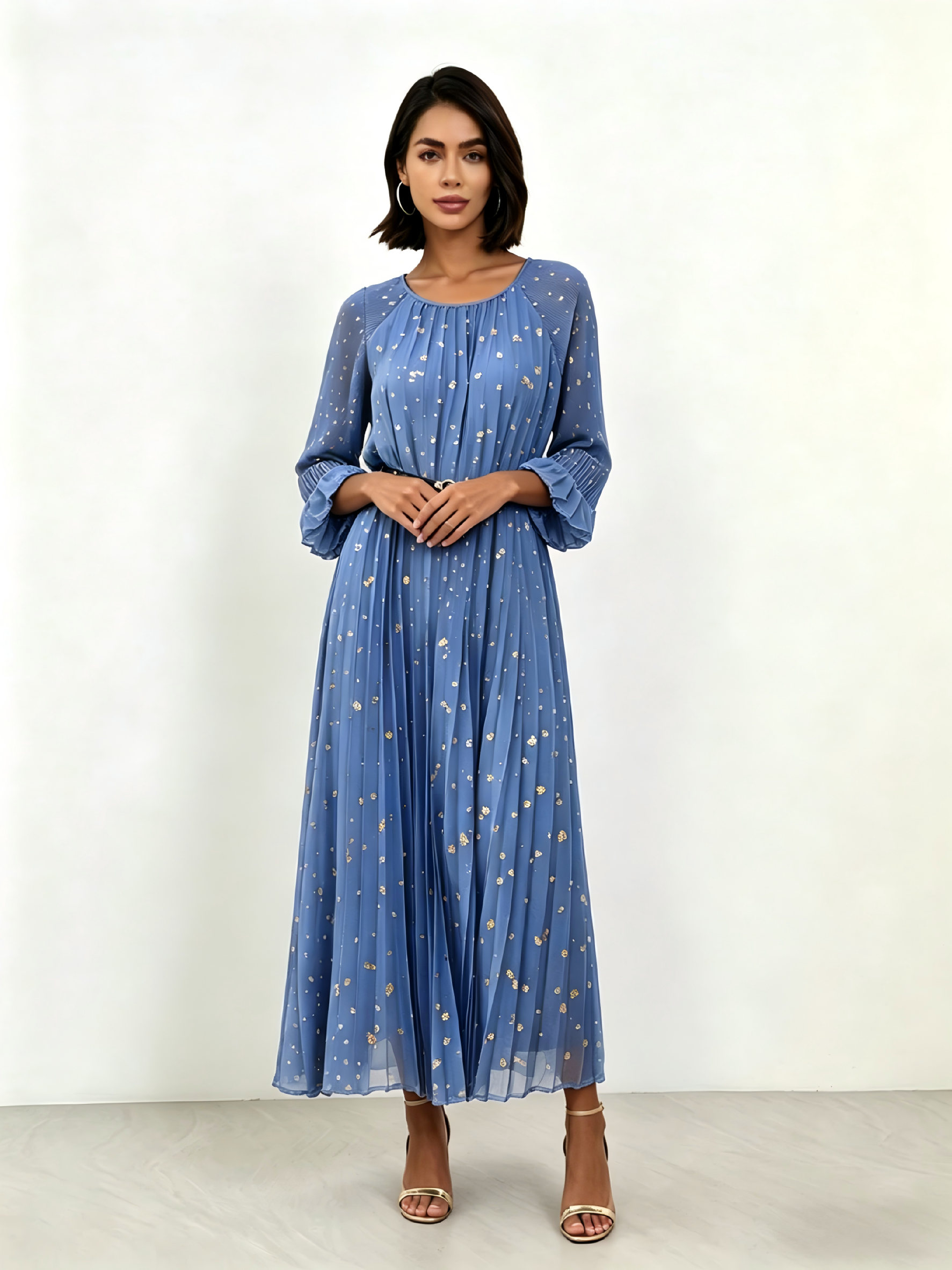 Blue Sequin Embellished Pleated A-Line Midi Dress
