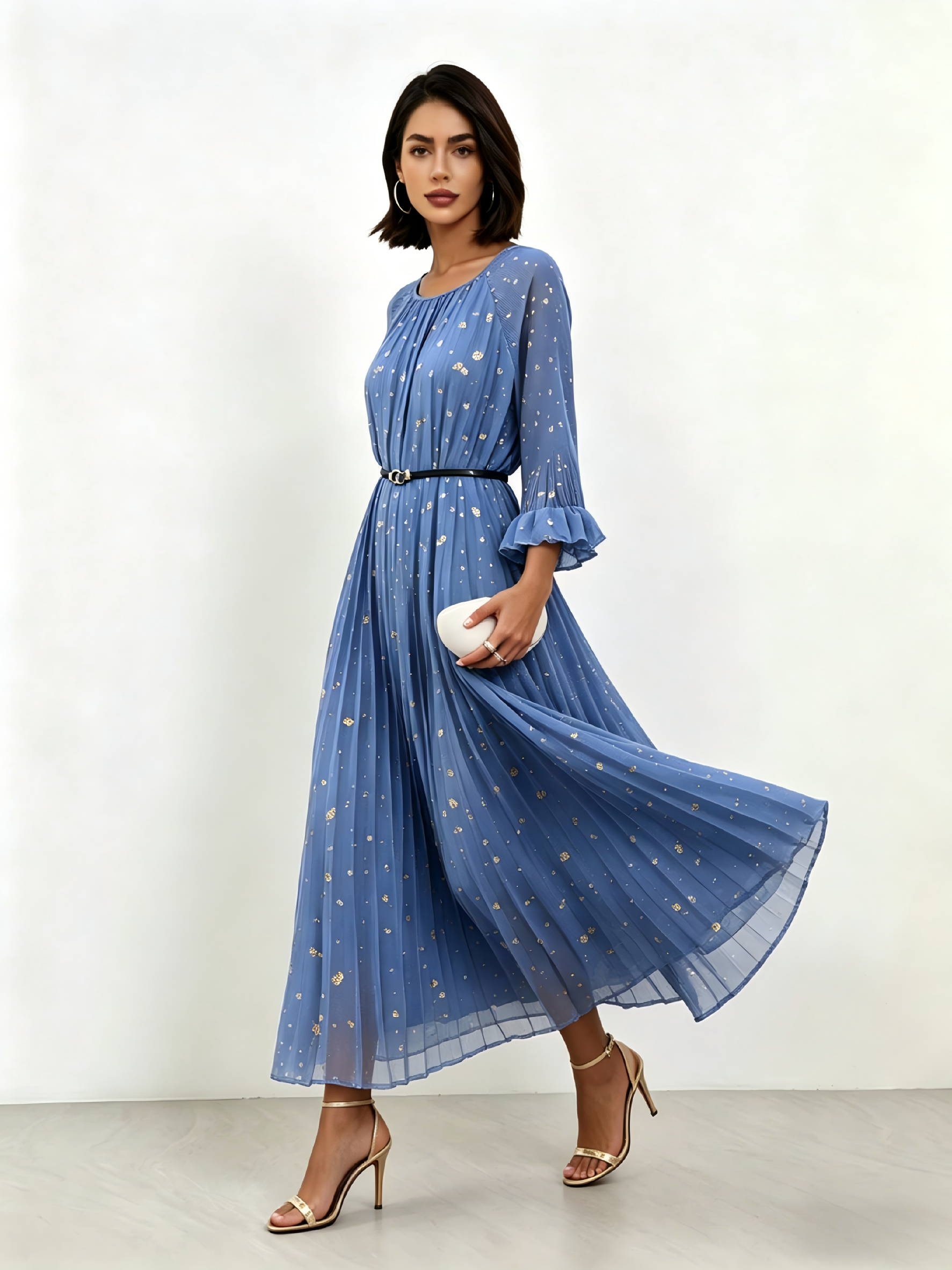 Blue Sequin Embellished Pleated A-Line Midi Dress