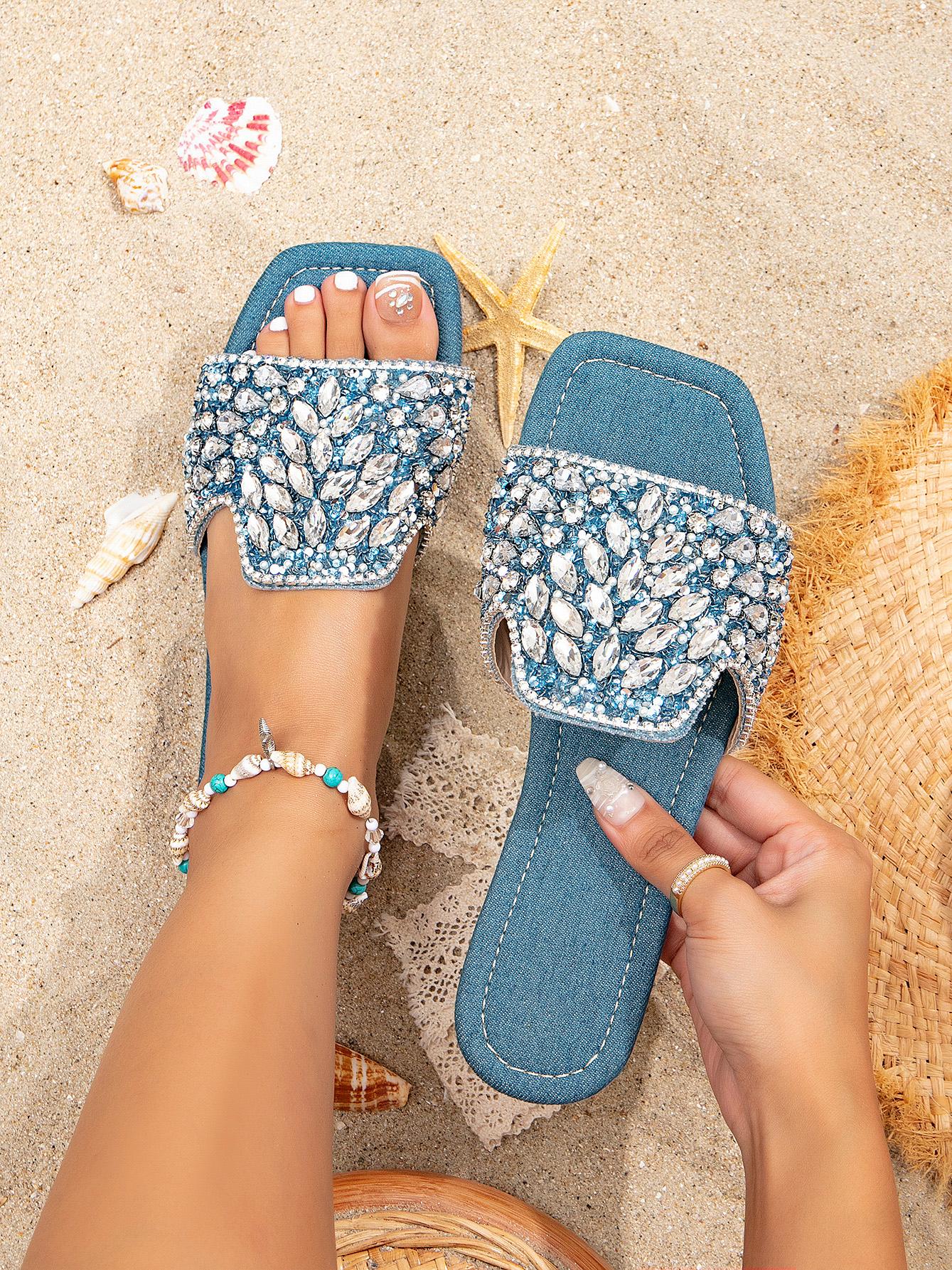 Medium Blue Embellished Flat Sandals