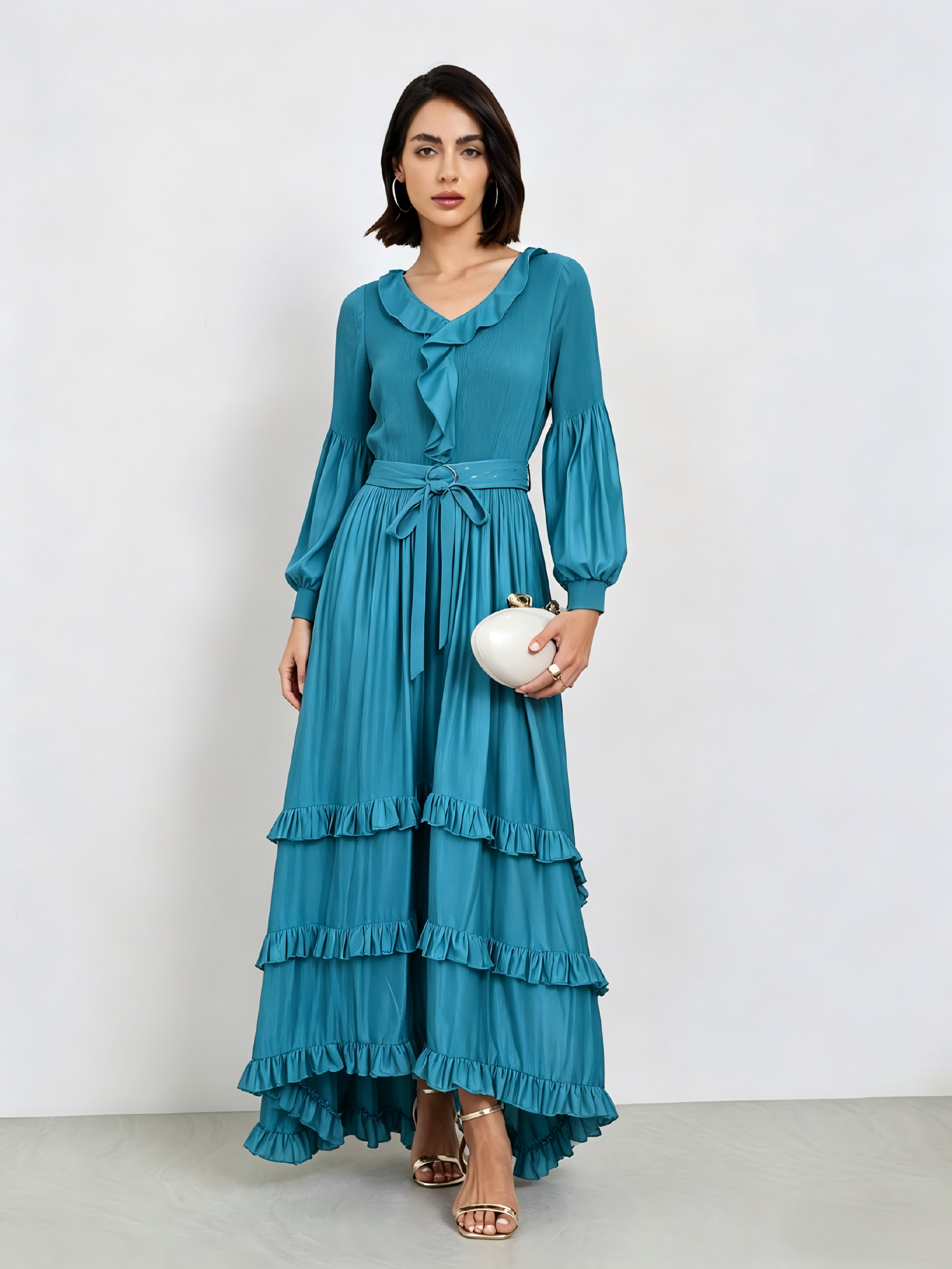 Blue A-Line Midi Dress With Ruffles And Long Sleeves