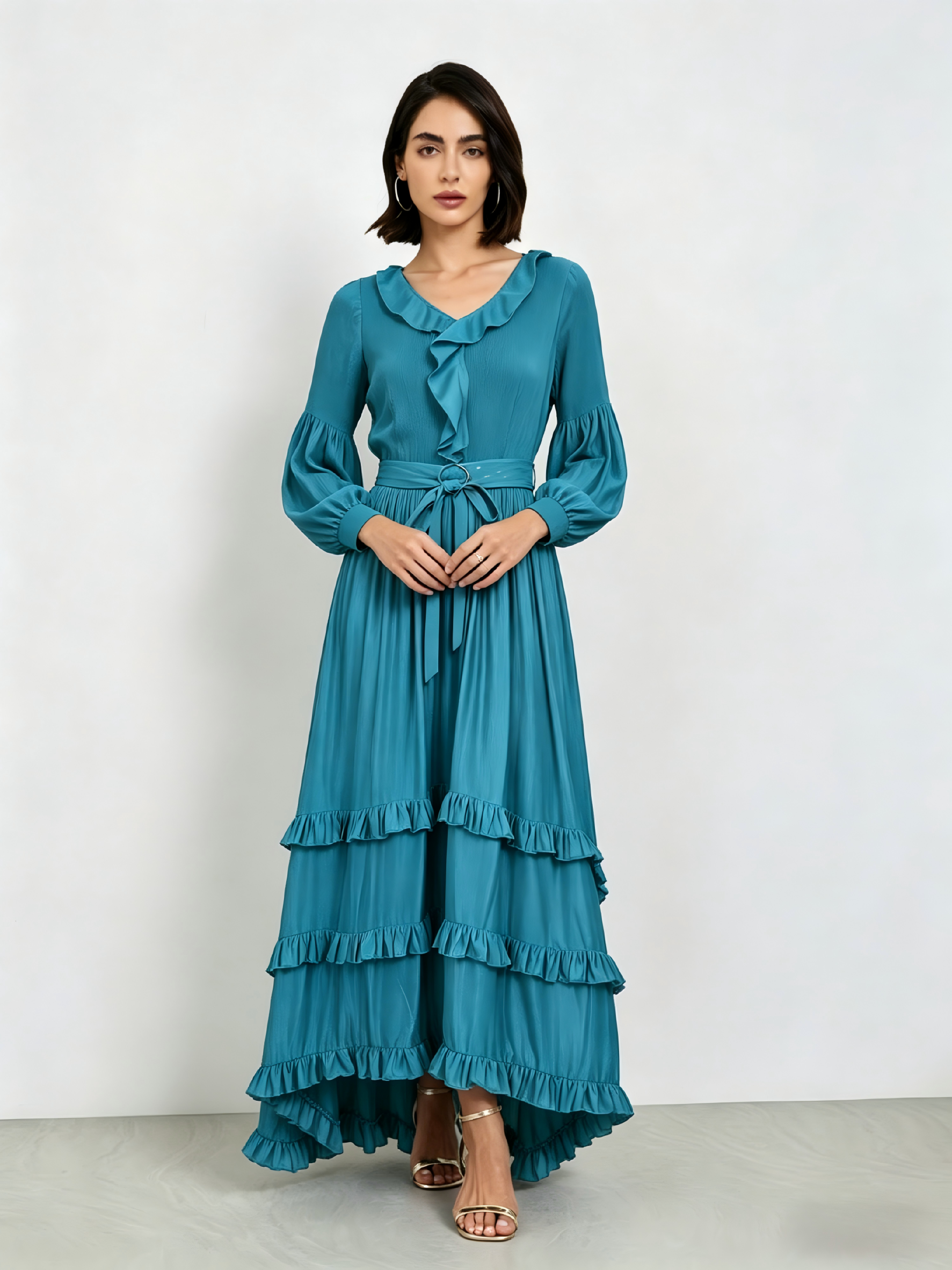 Blue A-Line Midi Dress With Ruffles And Long Sleeves