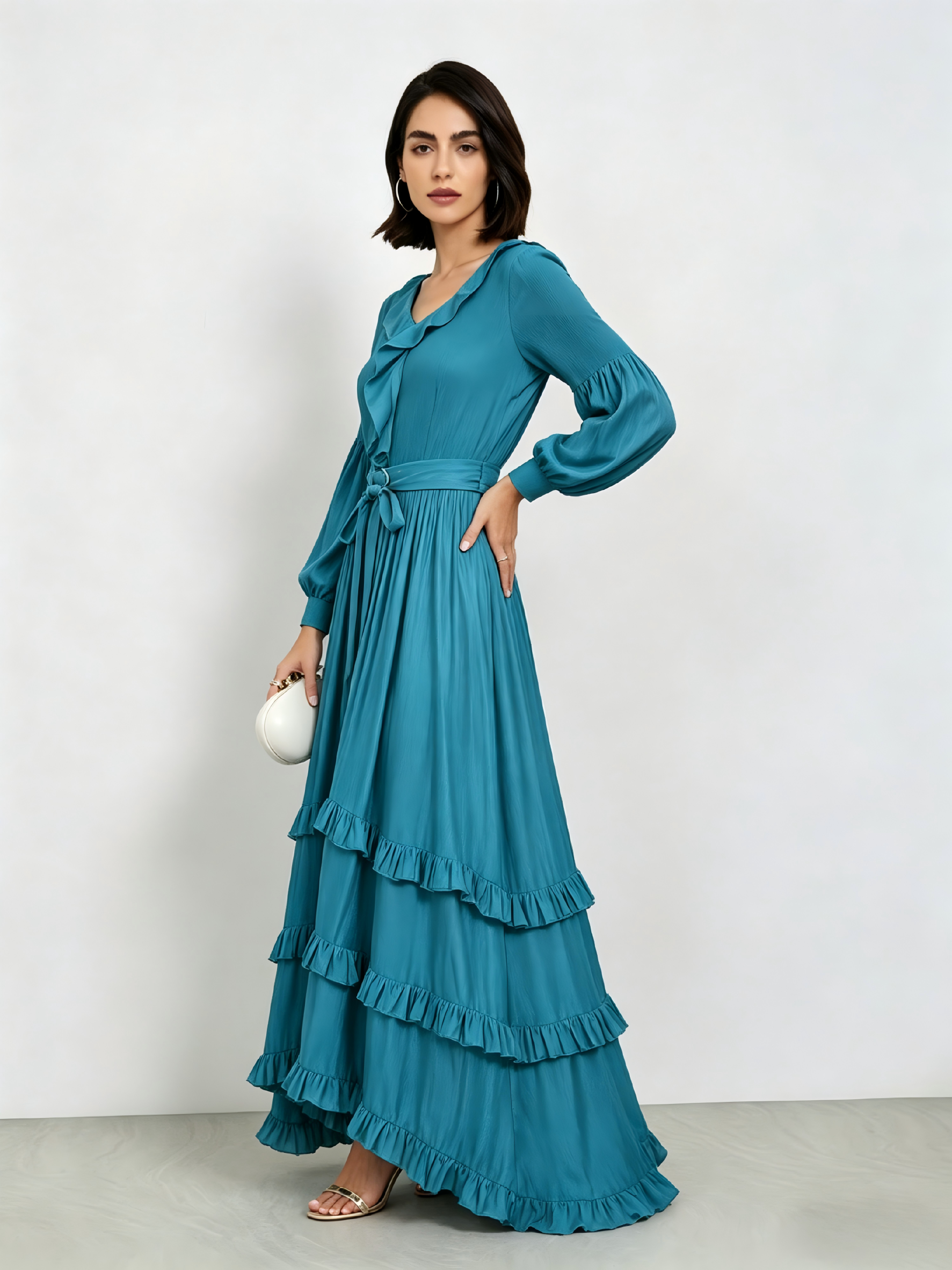 Blue A-Line Midi Dress With Ruffles And Long Sleeves