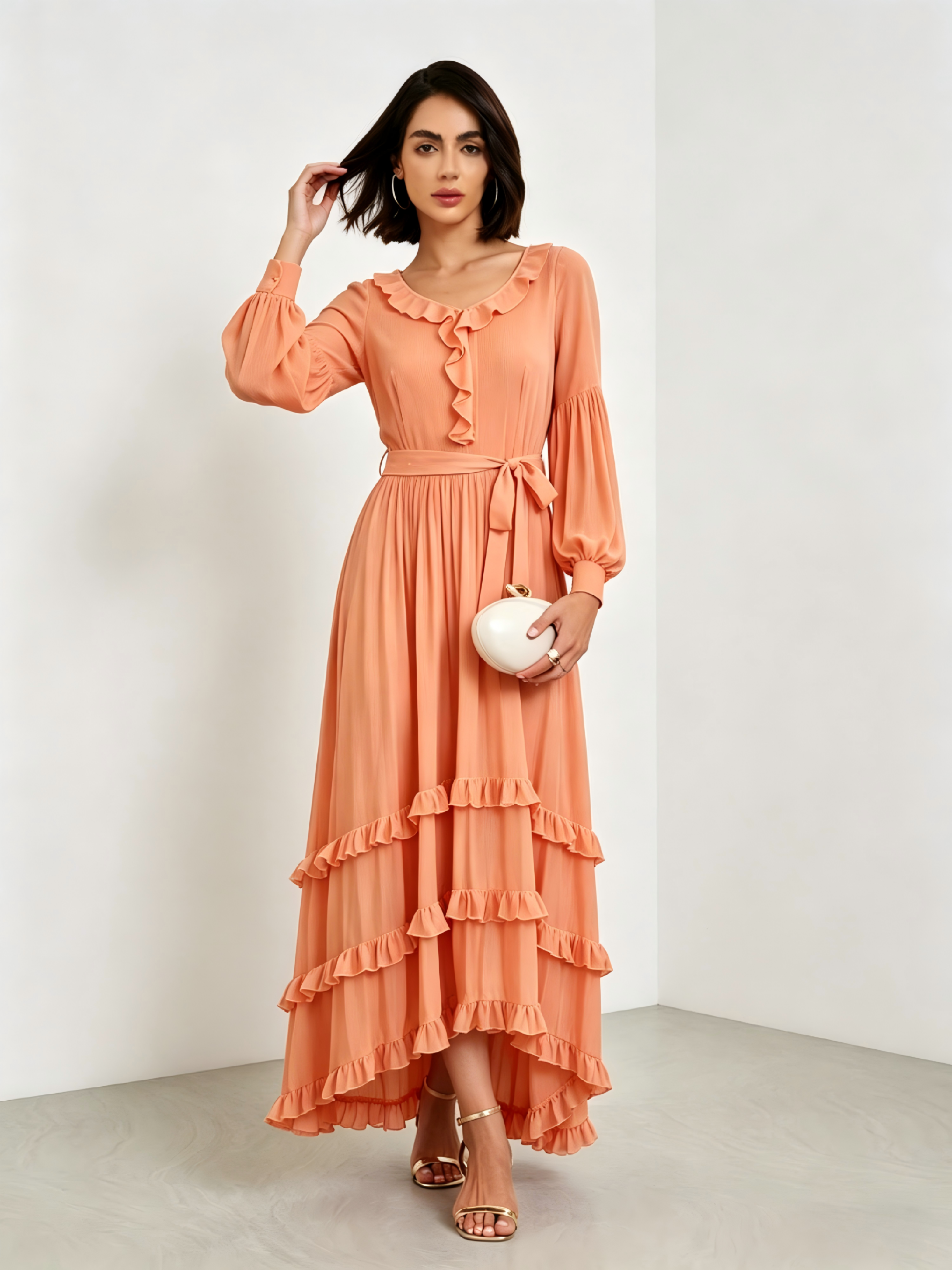 Orange Solid Long Sleeves Ruffled A-Line Midi Dress