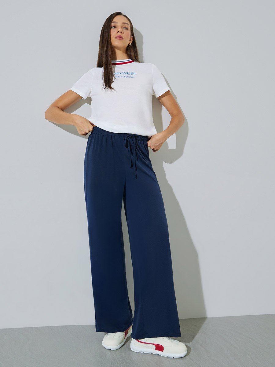 Dark Blue Wide Leg Joggers with Drawstring Waist