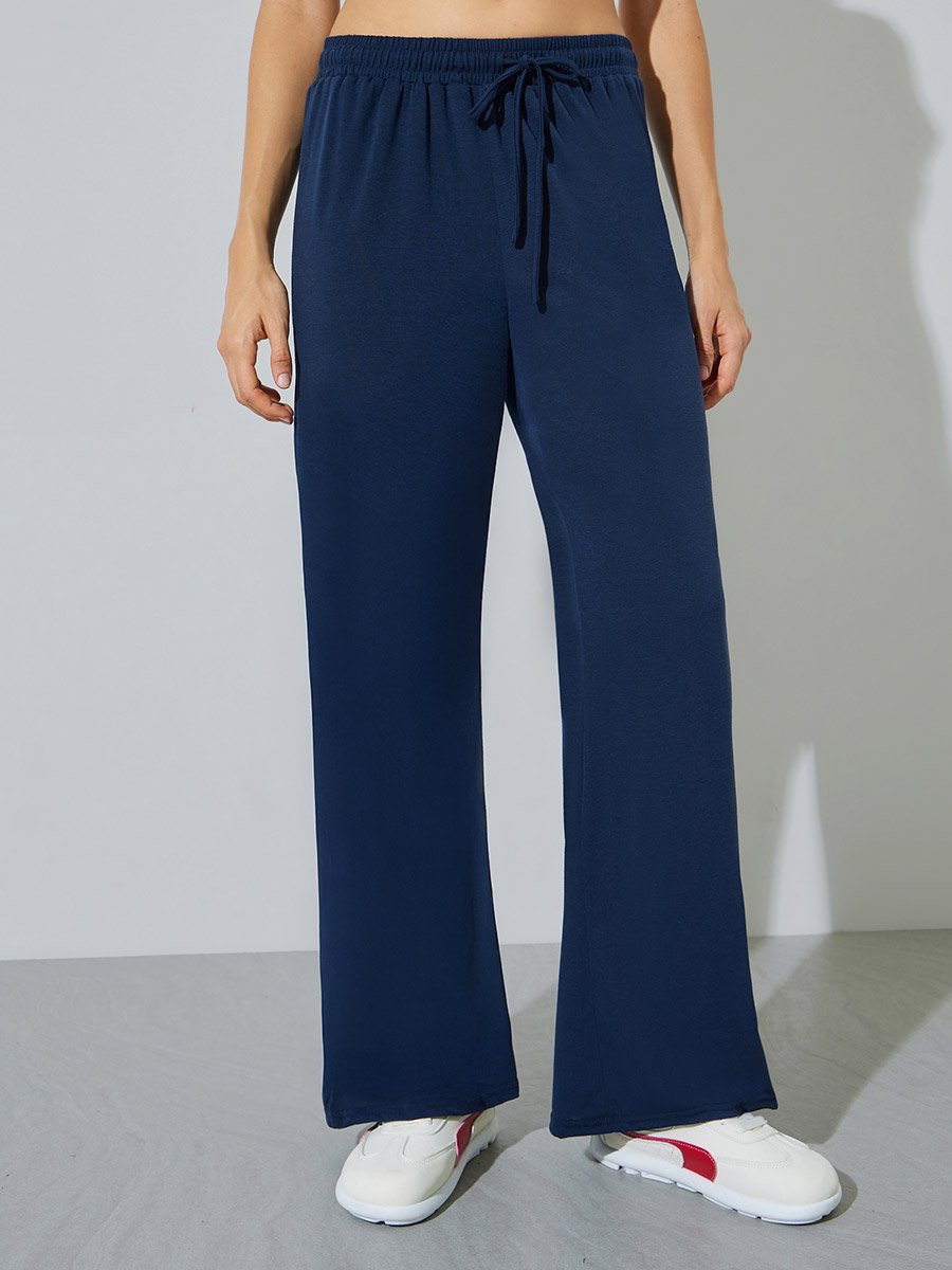 Dark Blue Wide Leg Joggers with Drawstring Waist