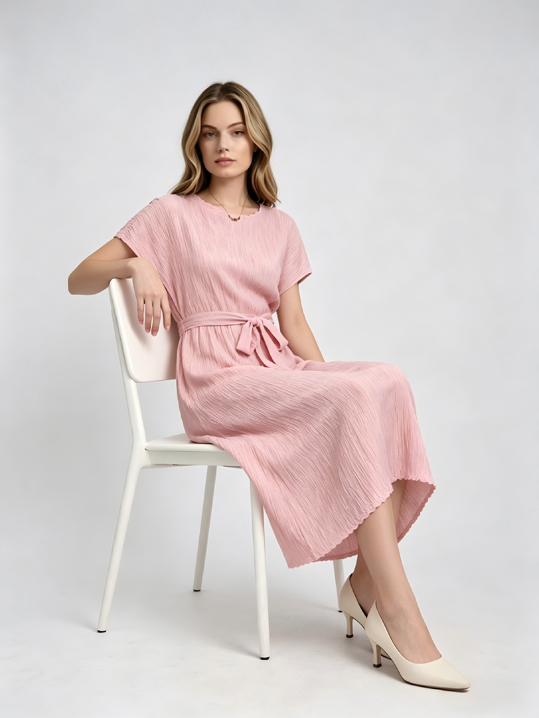 Pink Textured Tie-Up Details A-Line Midi Dress