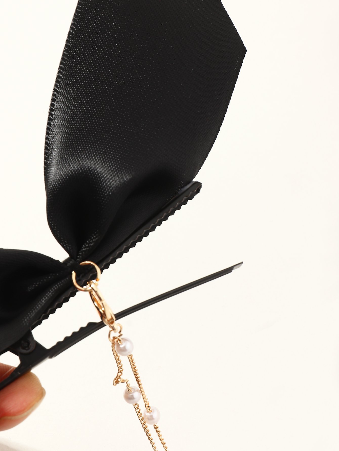 Pack of 2 - Black Bow Hair Clip with Pearl Chain Charm