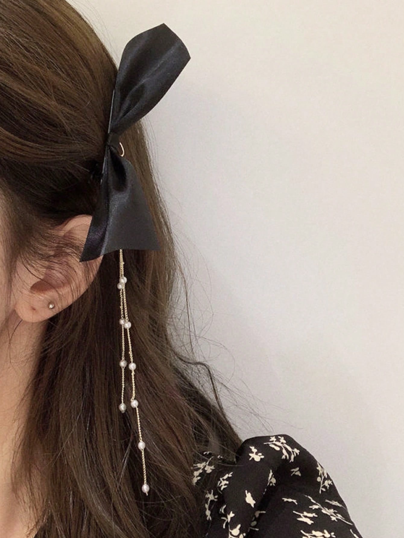 Pack of 2 - Black Bow Hair Clip with Pearl Chain Charm