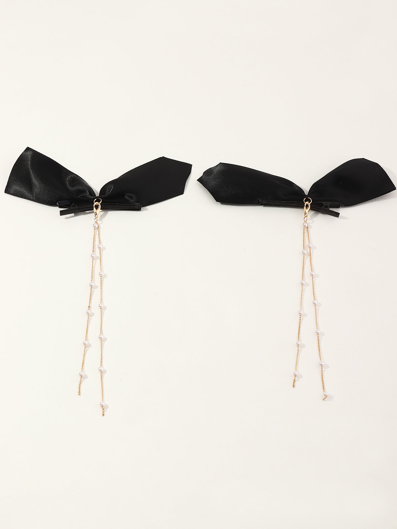 Pack of 2 - Black Bow Hair Clip with Pearl Chain Charm