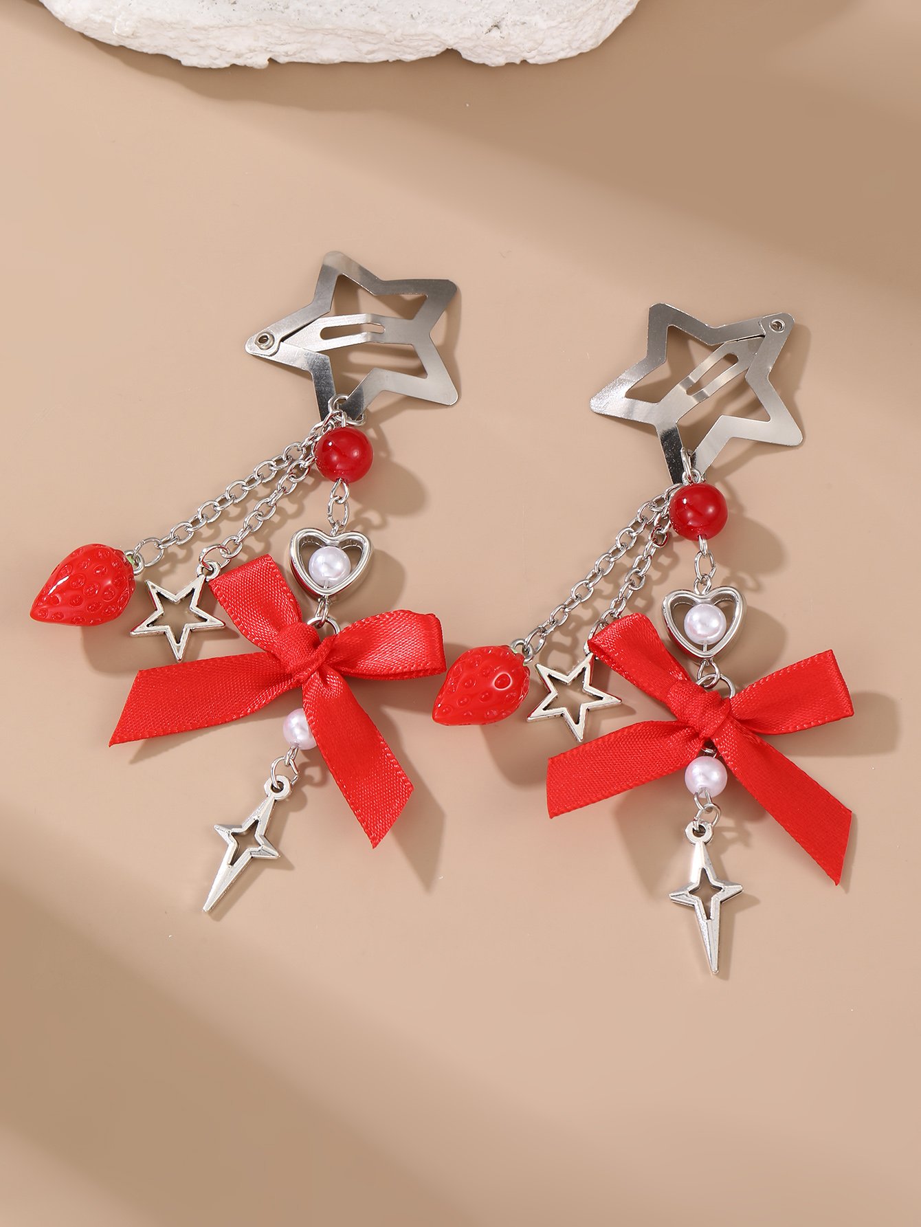 Pack of 2 - Multi-Color Strawberry and Star Charm Hair Clips