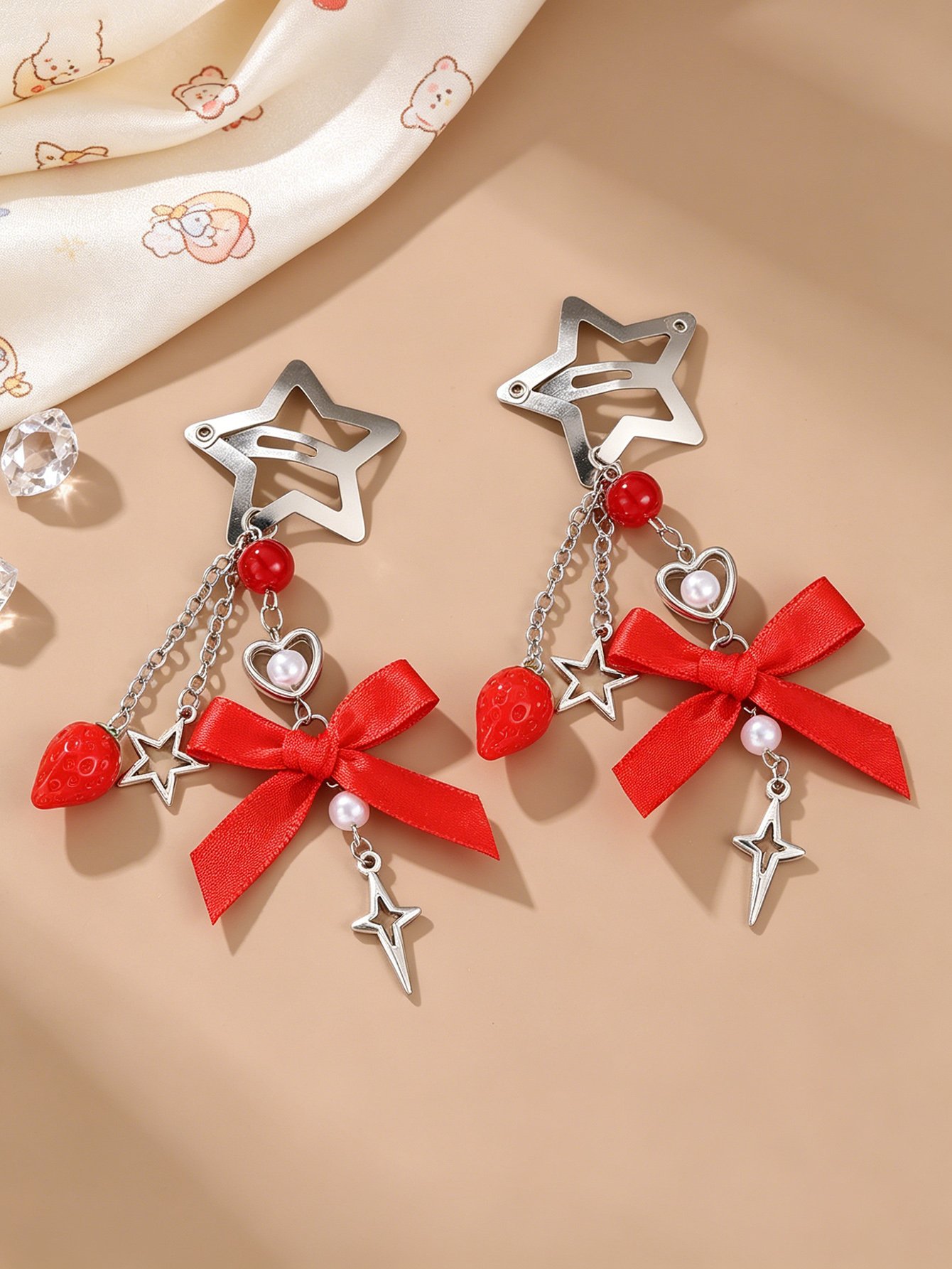Pack of 2 - Multi-Color Strawberry and Star Charm Hair Clips